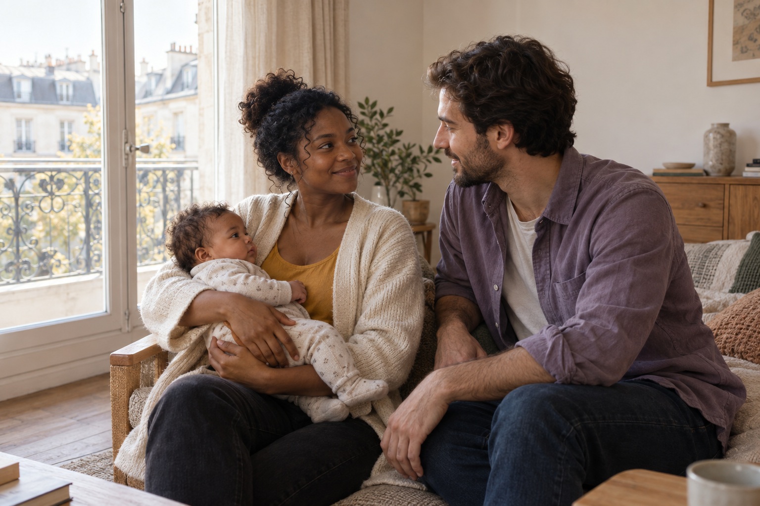 Scène illustrative : deux parents et leur bébé à la maison