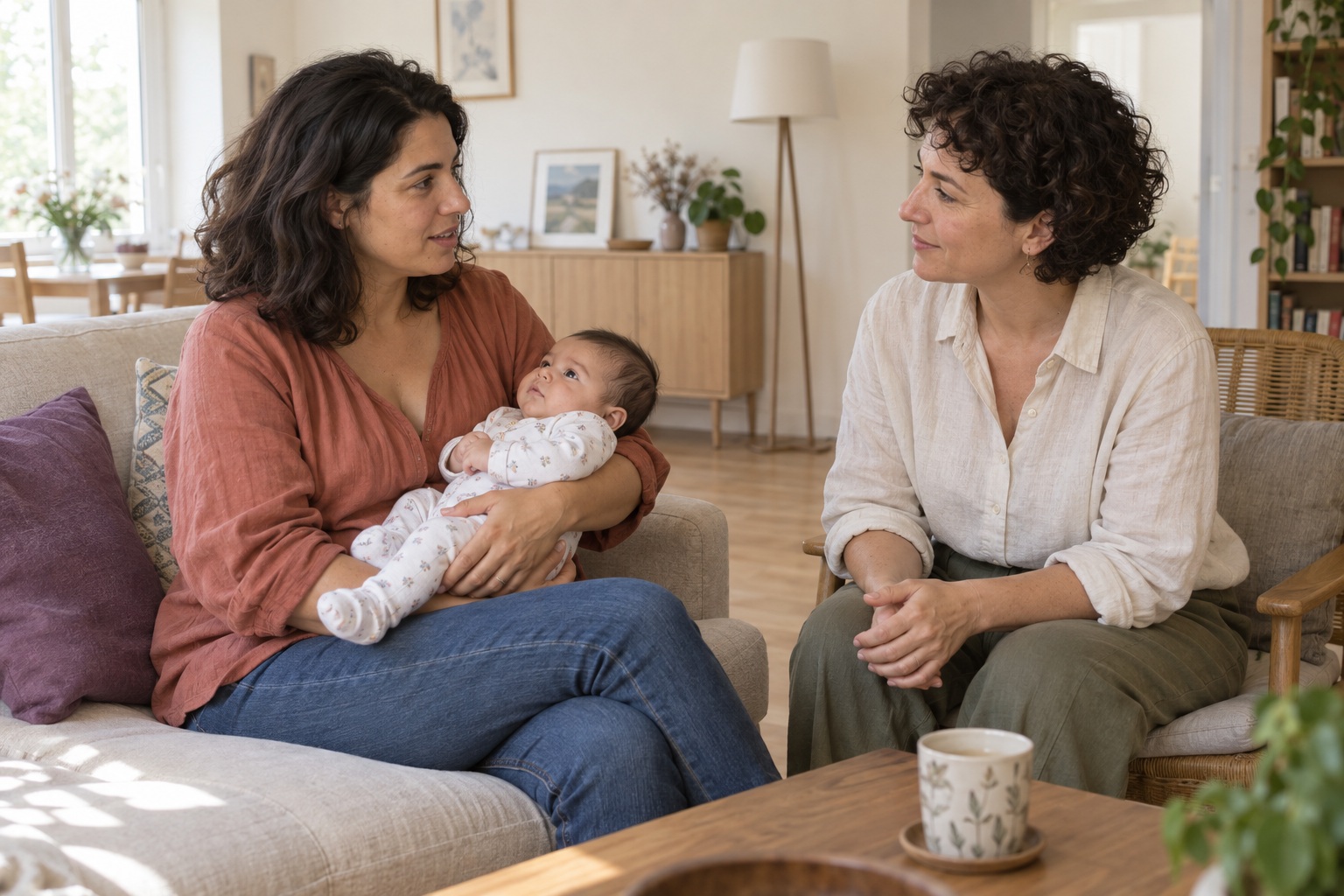 Scène illustrative : une mère et son bébé pendant un échange avec une accompagnante